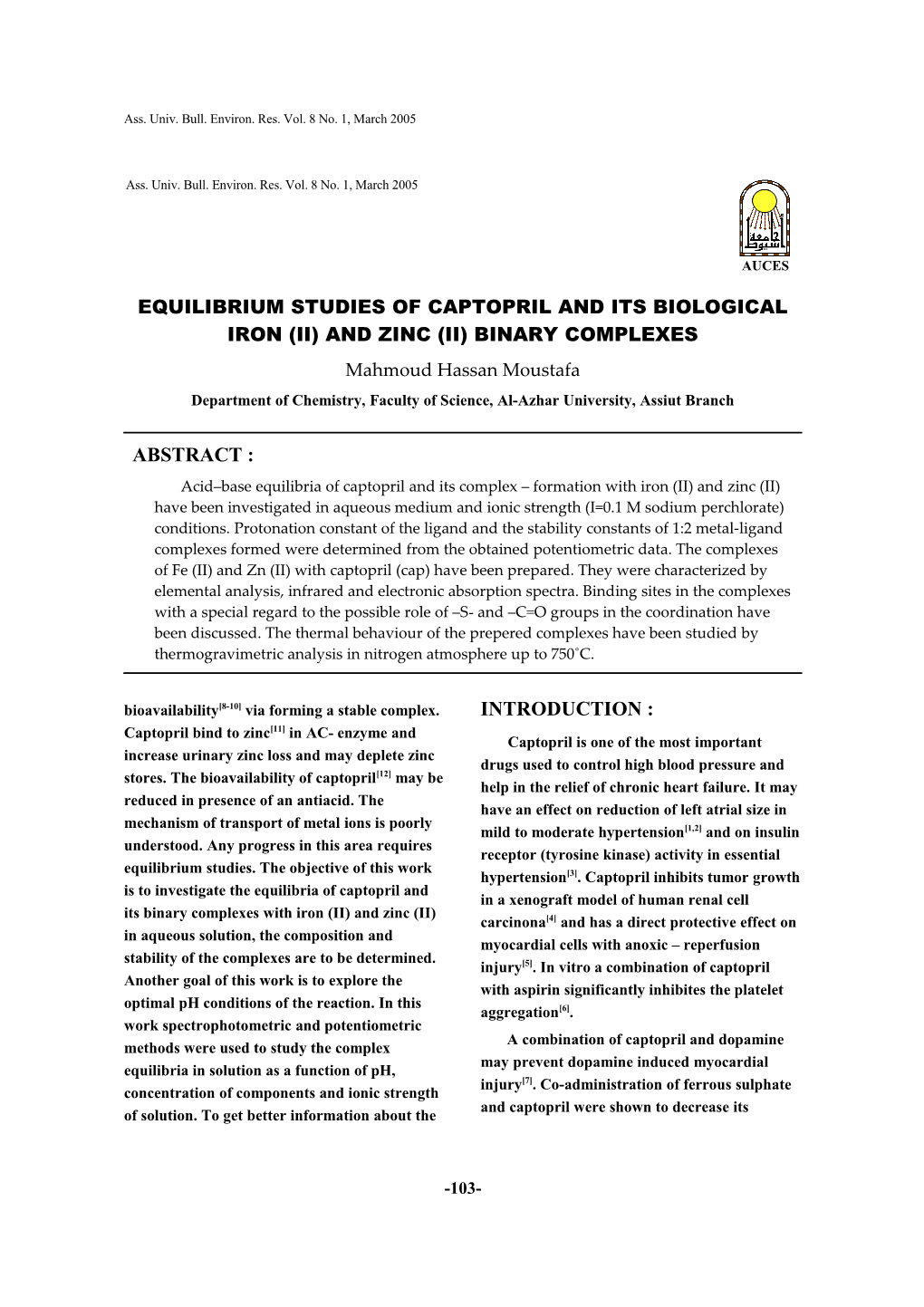 Equilibrium Studies of Captopril and Its Biological Iron (Ii) and Zinc (Ii) Binary Complexes