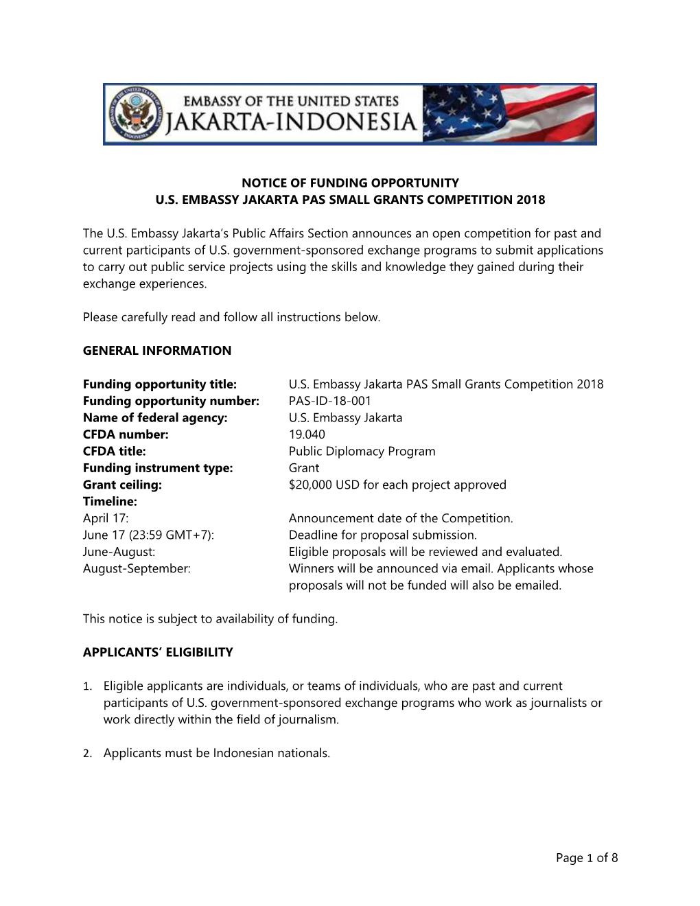 U.S. Embassy Jakarta Pas Small Grants Competition 2018