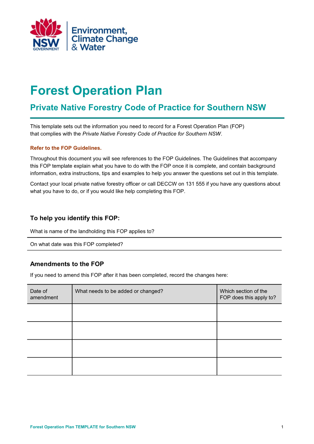 Forest Operation Plan Template for Southern NSW