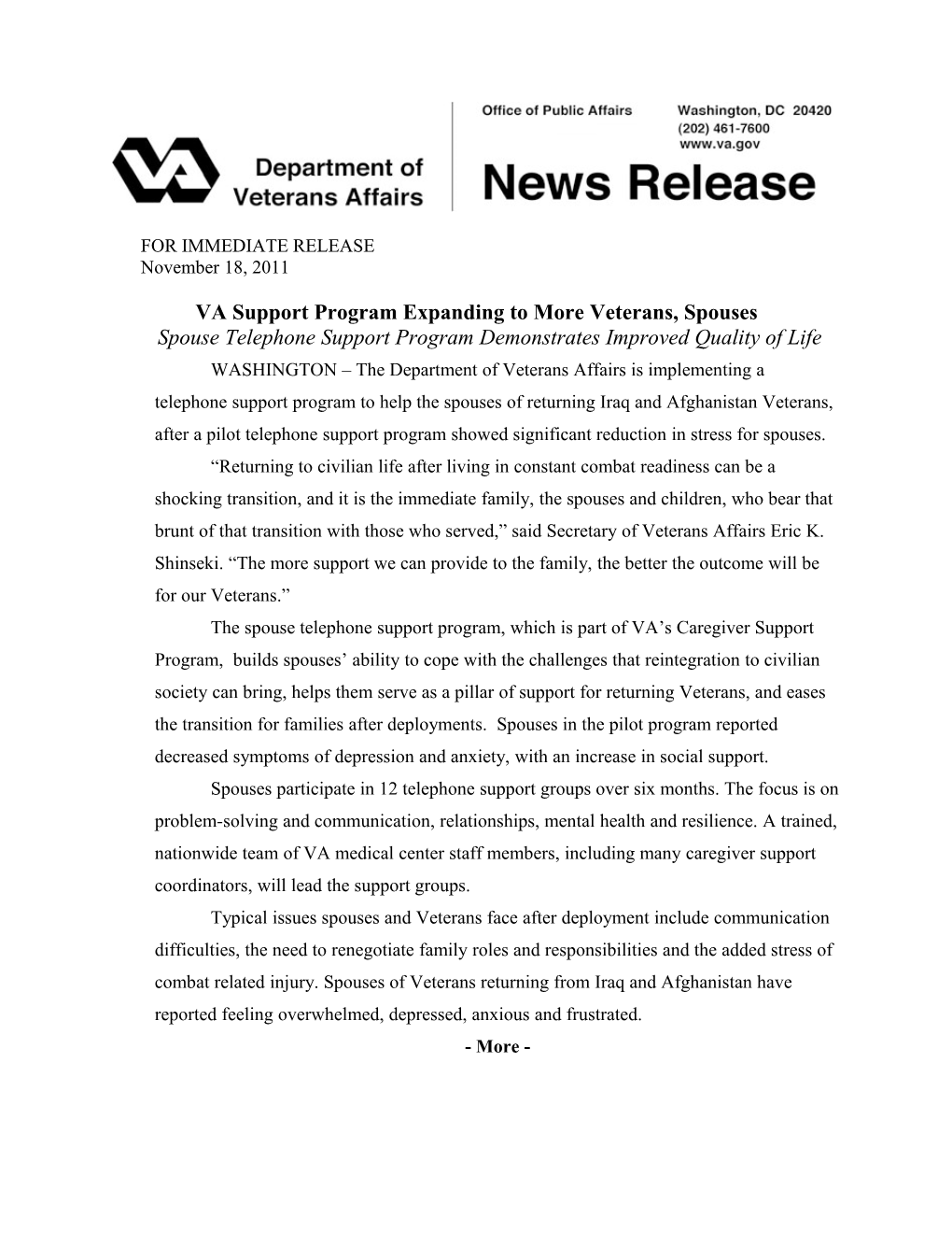 VA Support Program Expanding to More Veterans, Spouses