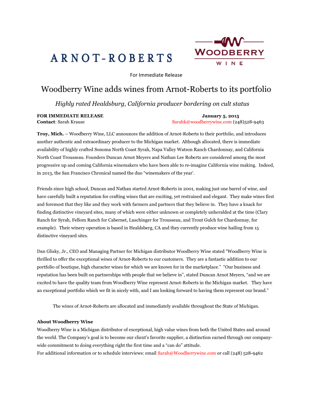 Woodberry Wine Adds Wines from Arnot-Roberts to Its Portfolio