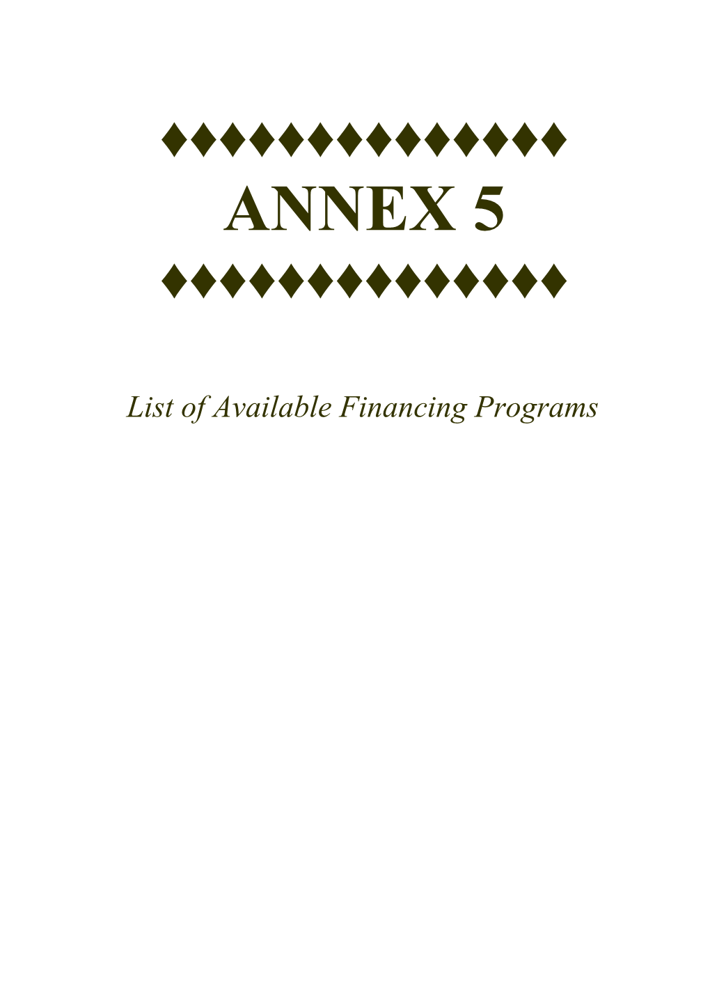 List of Available Financing Programs