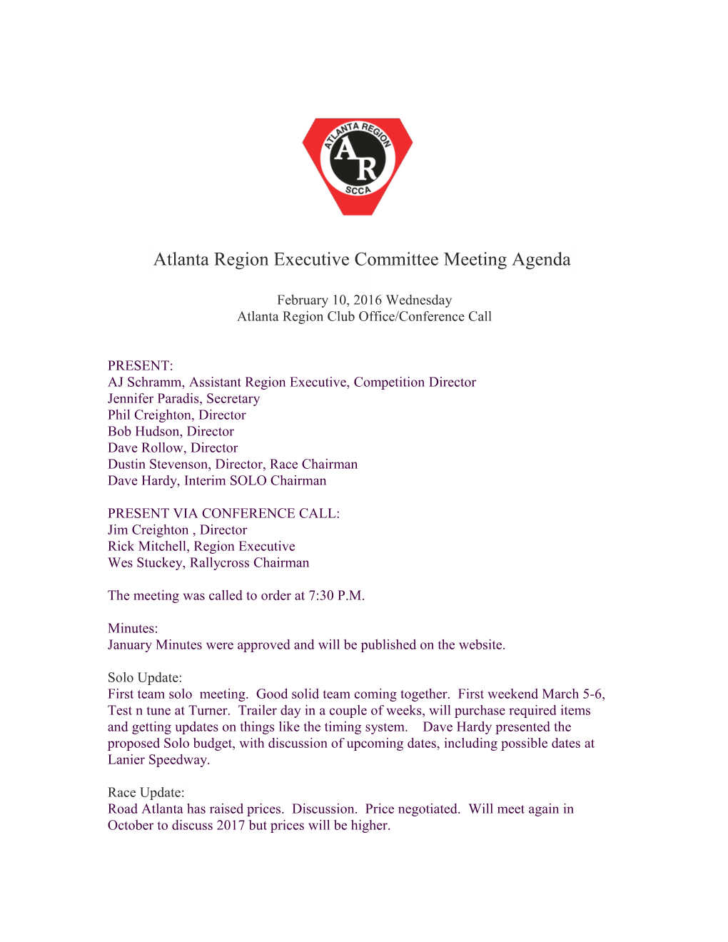 Atlanta Region Executive Committee Meeting Agenda