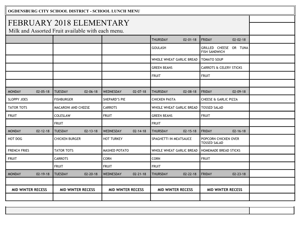 Ogdensburg City School District - School Lunch Menu for Month of : Ofa November 2010