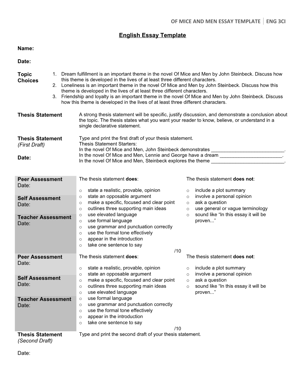 Of Mice and Men Essay Template