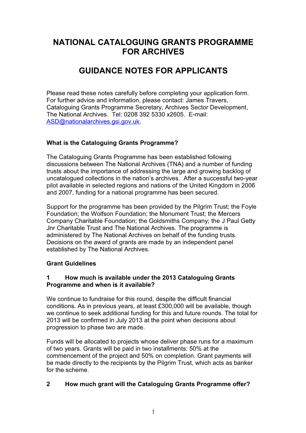 National Cataloguing Grants Programme for Archives Guidance Notes for Applicants 2013