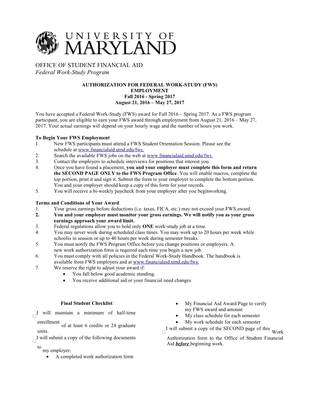 Authorization for Federal Work-Study (Fws) Employment
