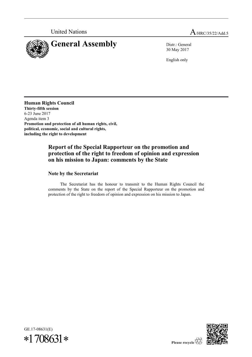 Addendum of Report of the Special Rapporteur on the Promotion and Protection of the Right