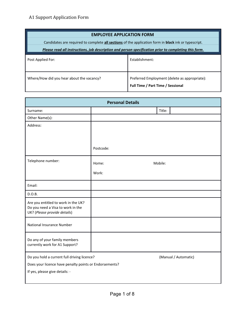 A1 Support Application Form