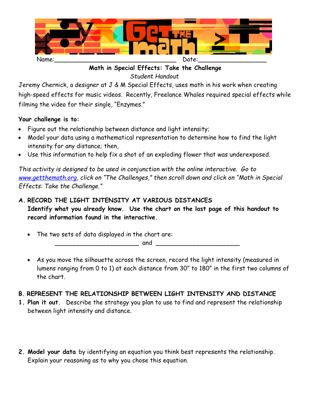 Math in Special Effects: Take the Challenge Student Handout