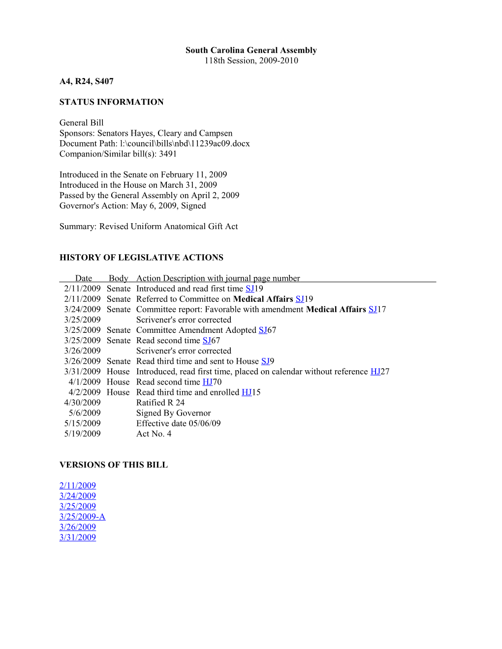 2009-2010 Bill 407: Revised Uniform Anatomical Gift Act - South Carolina Legislature Online