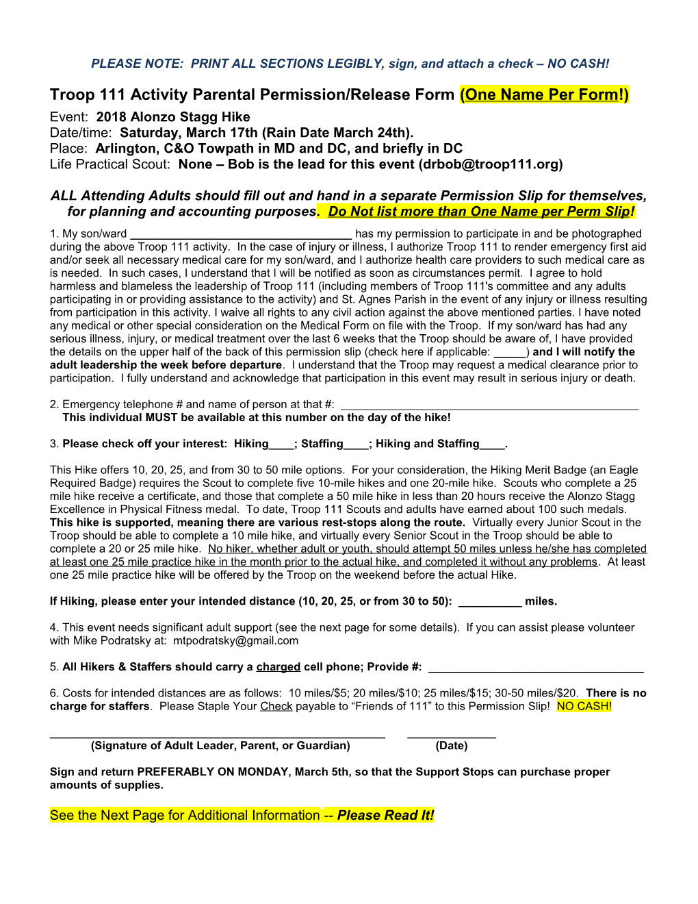 Baltimore Orienteering 2007 Permission Slip