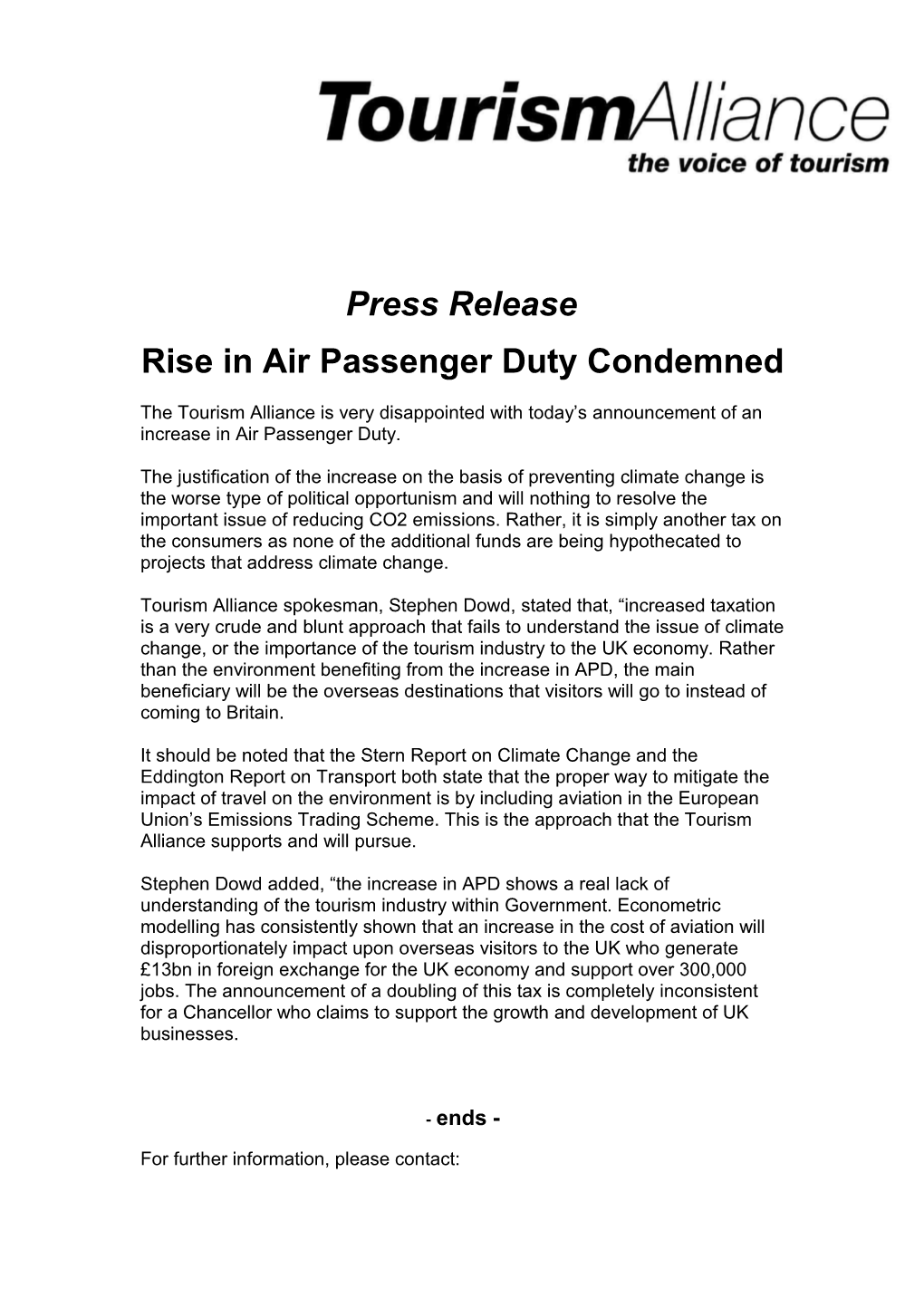 Rise in Air Passenger Duty Condemned