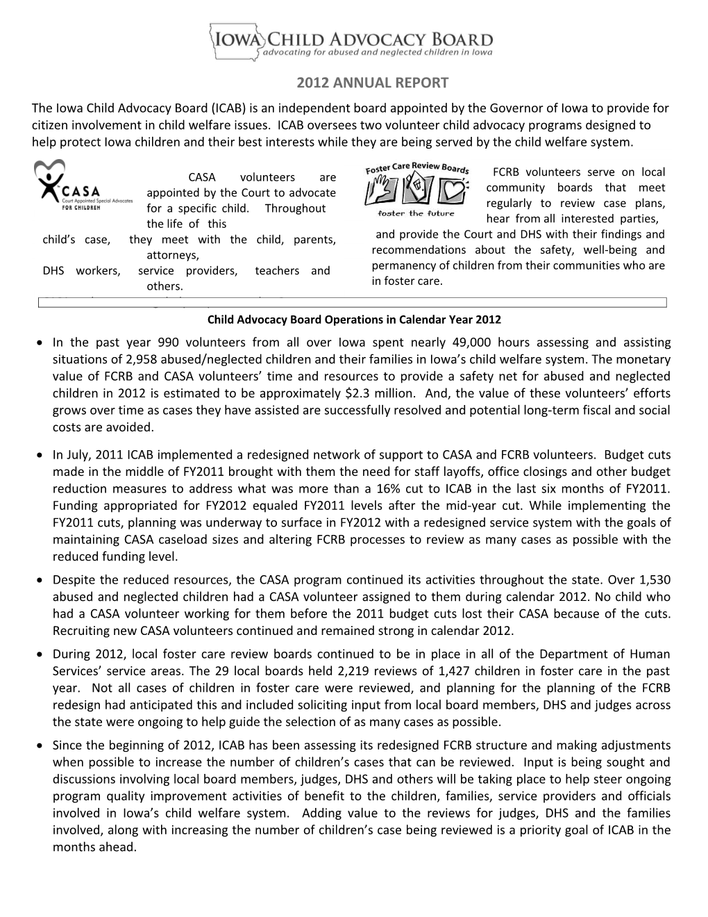 Child Advocacy Board Operations in Calendar Year 2012