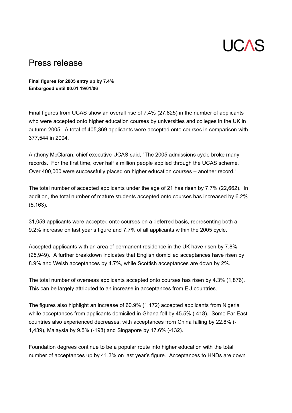 Final Figures for 2005 Entry up by 7.4%