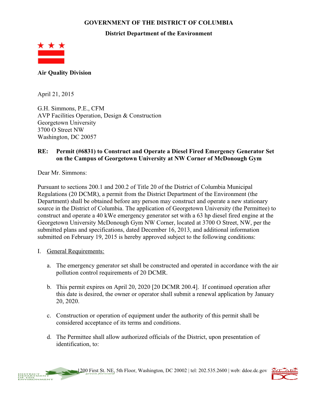 Permit (#6831) to Construct and Operate a Diesel Fired Emergency Generator