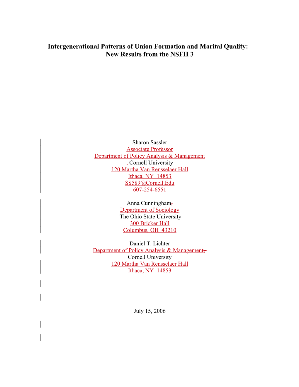 Intergenerational Patterns of Union Formation and Marital Quality