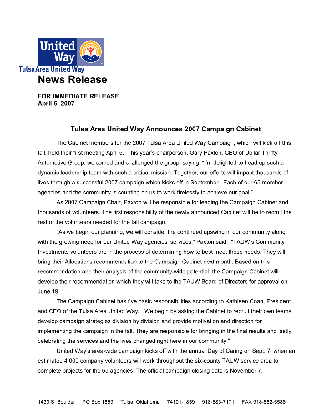 Tulsa Area United Way Announces 2007 Campaign Cabinet