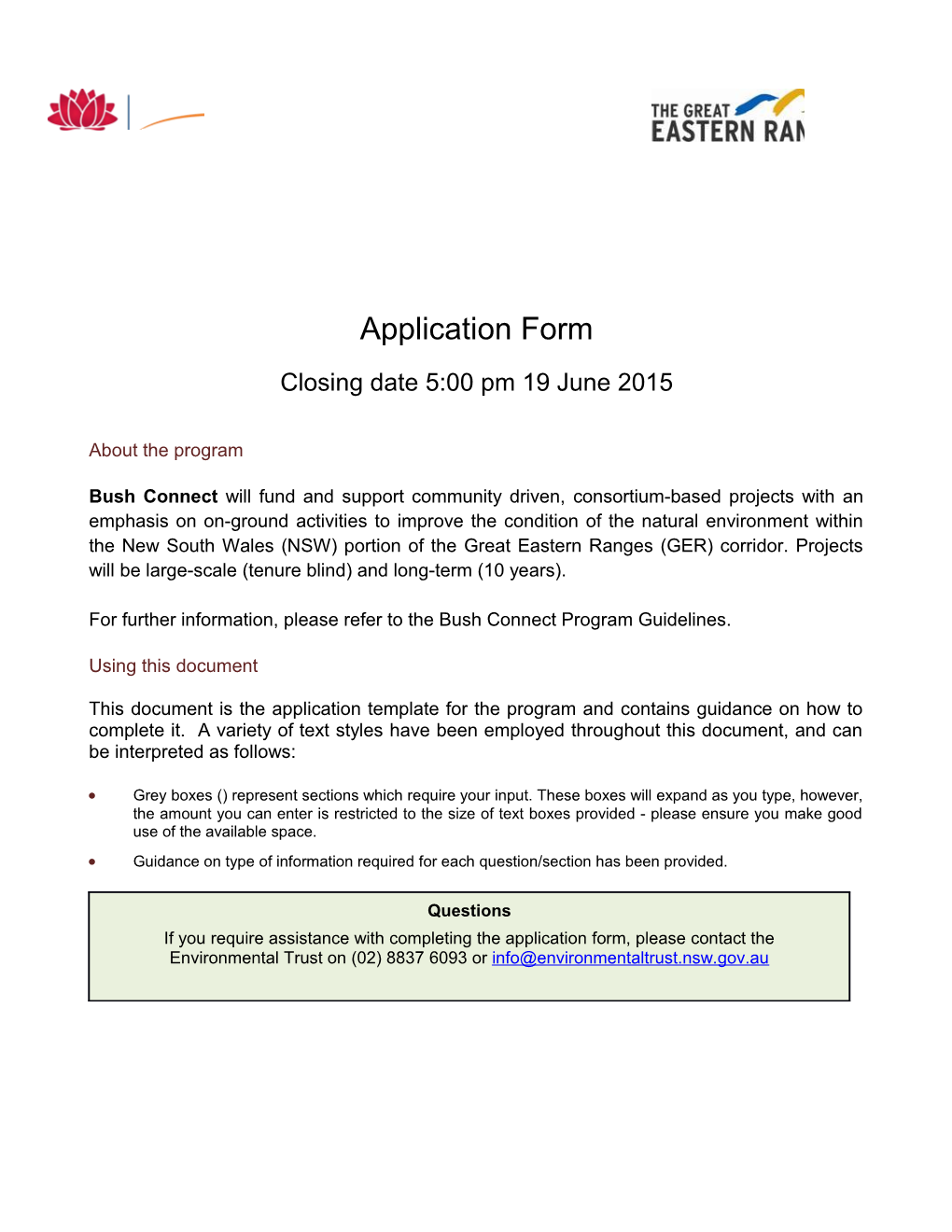 2015 Bush Connect Application Form