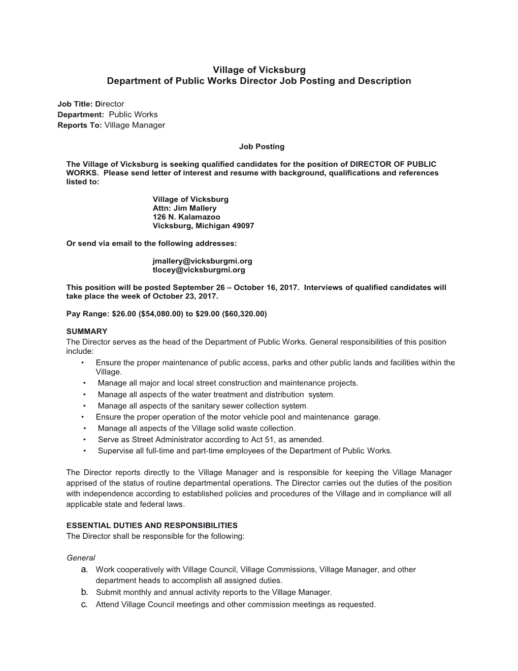 Department of Public Works Director Job Posting and Description