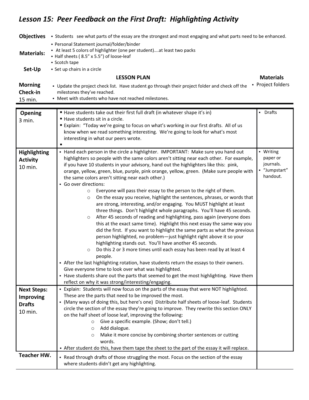 Lesson 15: Peer Feedback on the First Draft: Highlighting Activity