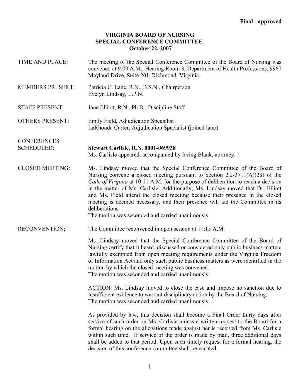 Nursing - Special Conference Committee Minutes - October 22, 2007