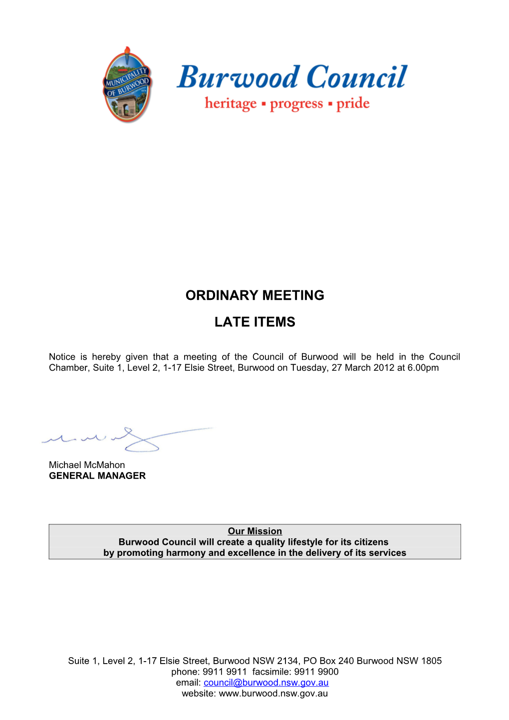 Late Agenda of Burwood Council Meetings - 27 March 2012