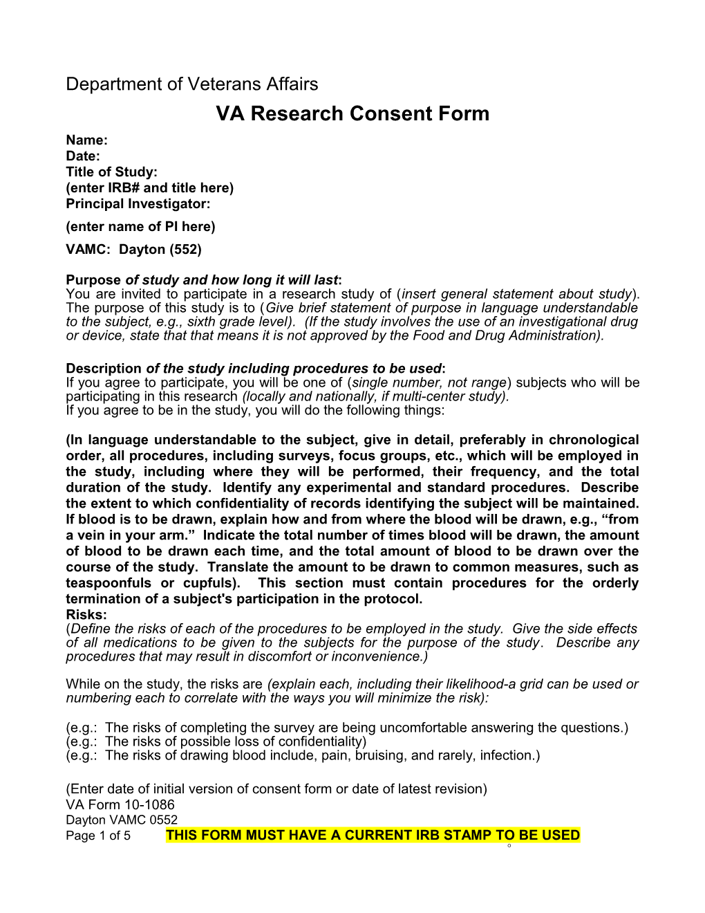 VA Research Consent Form (Dayton VA Medical Center)