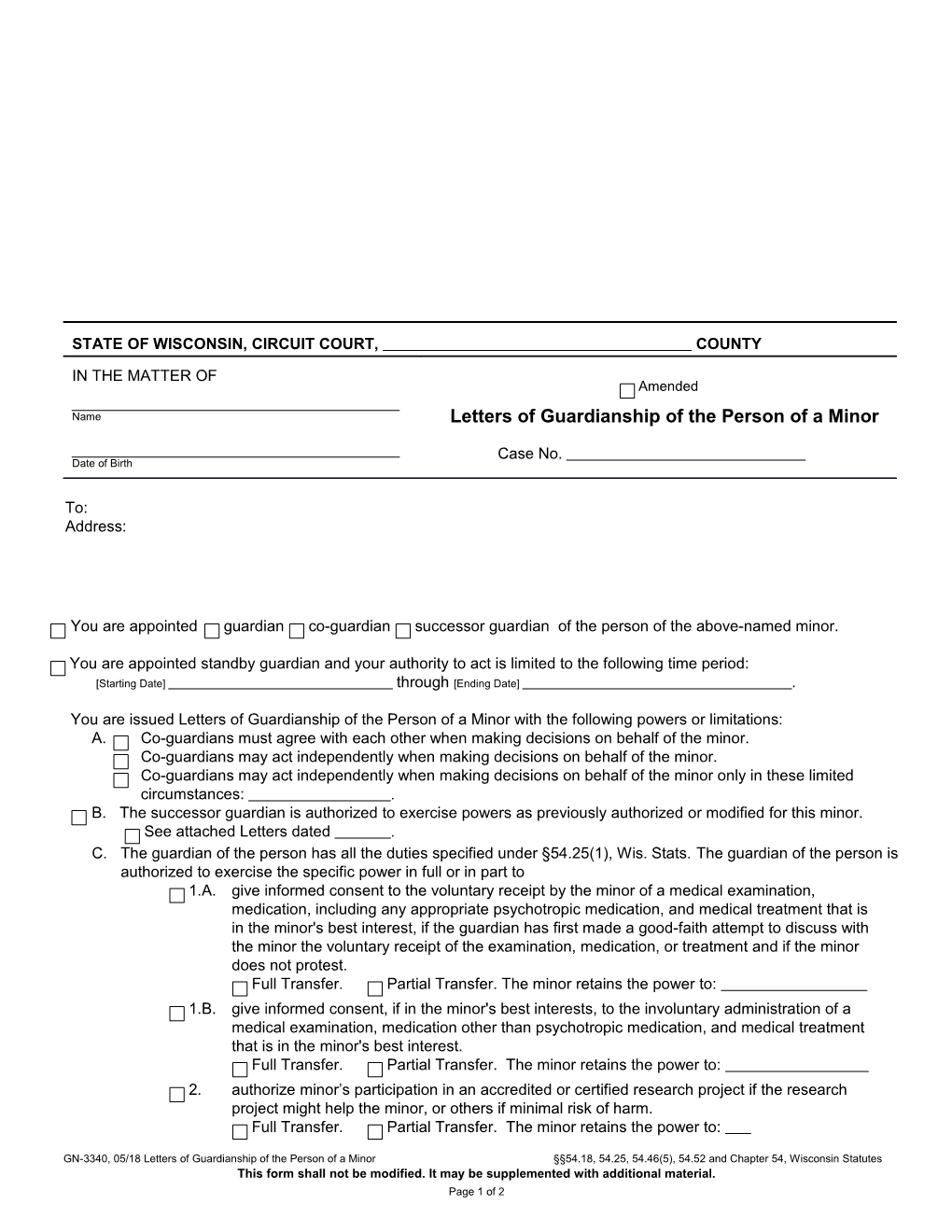 GN-3340: Letters of Guardianship of the Person of a Minor