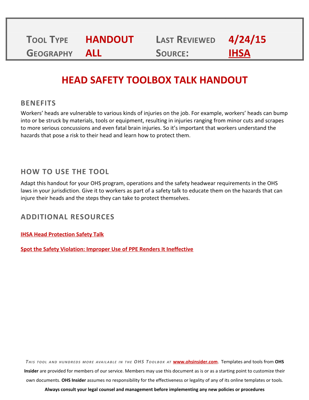 Head Safetytoolbox Talk Handout