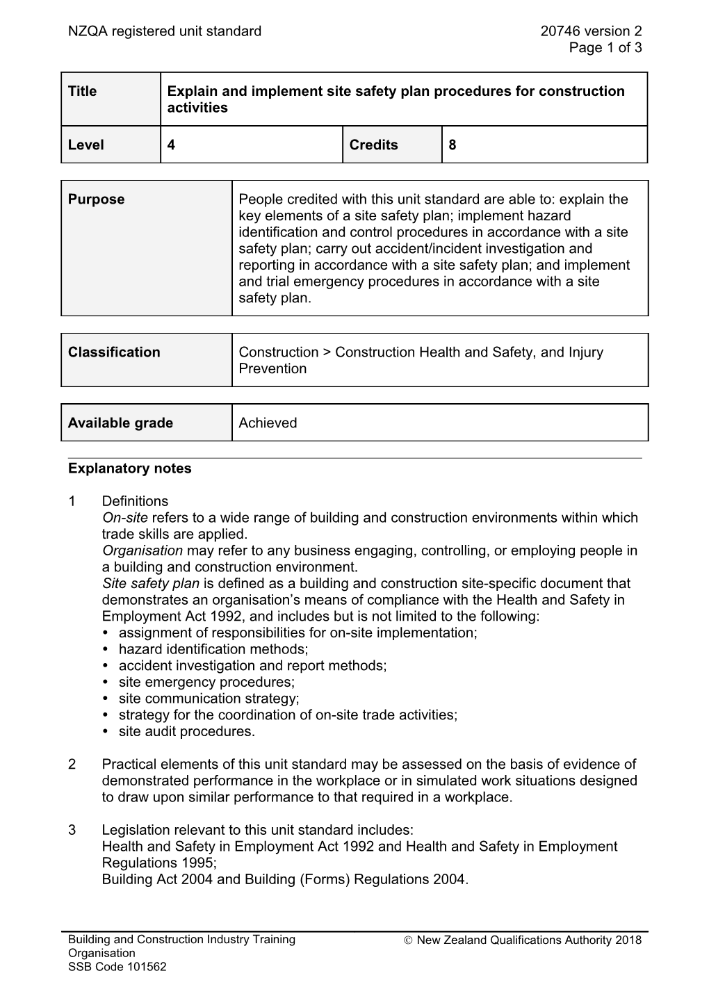 20746 Explain and Implement Site Safety Plan Procedures for Construction Activities