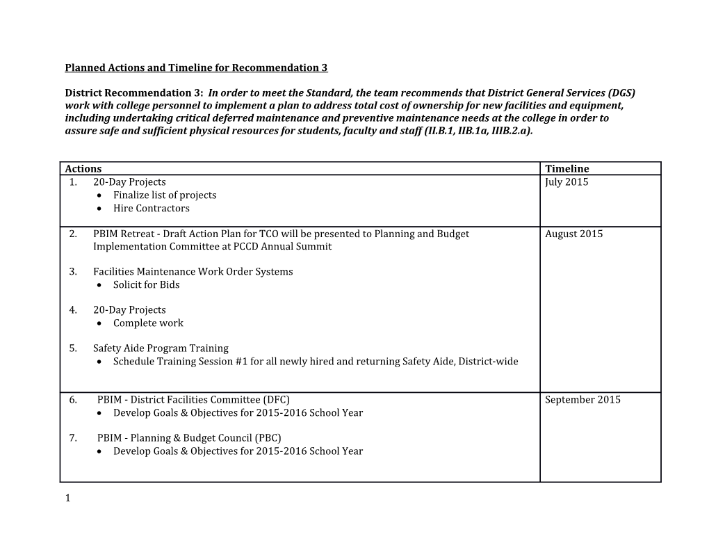 Planned Actions and Timeline for Recommendation 3