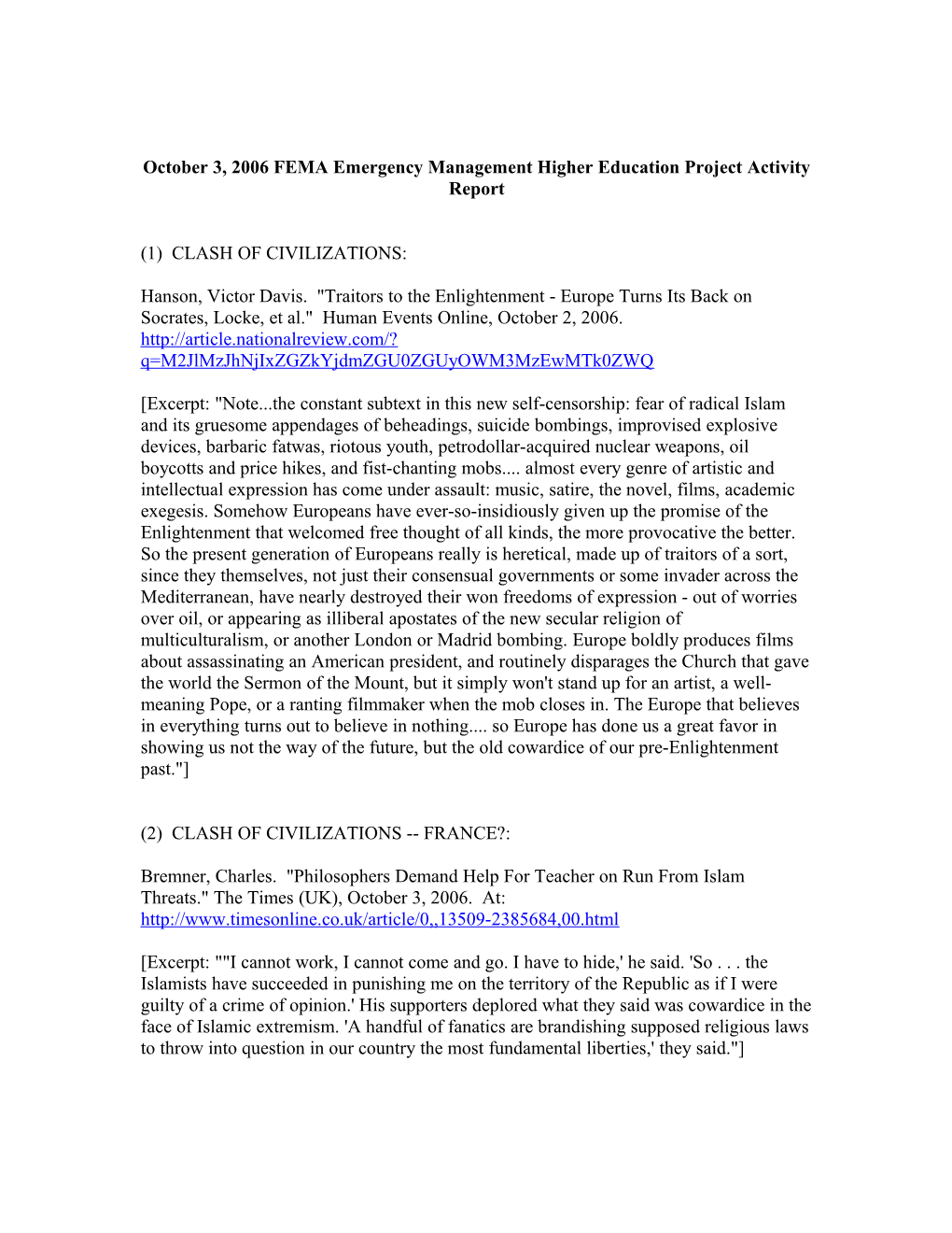 October 3, 2006 FEMA Emergency Management Higher Education Project Activity Report