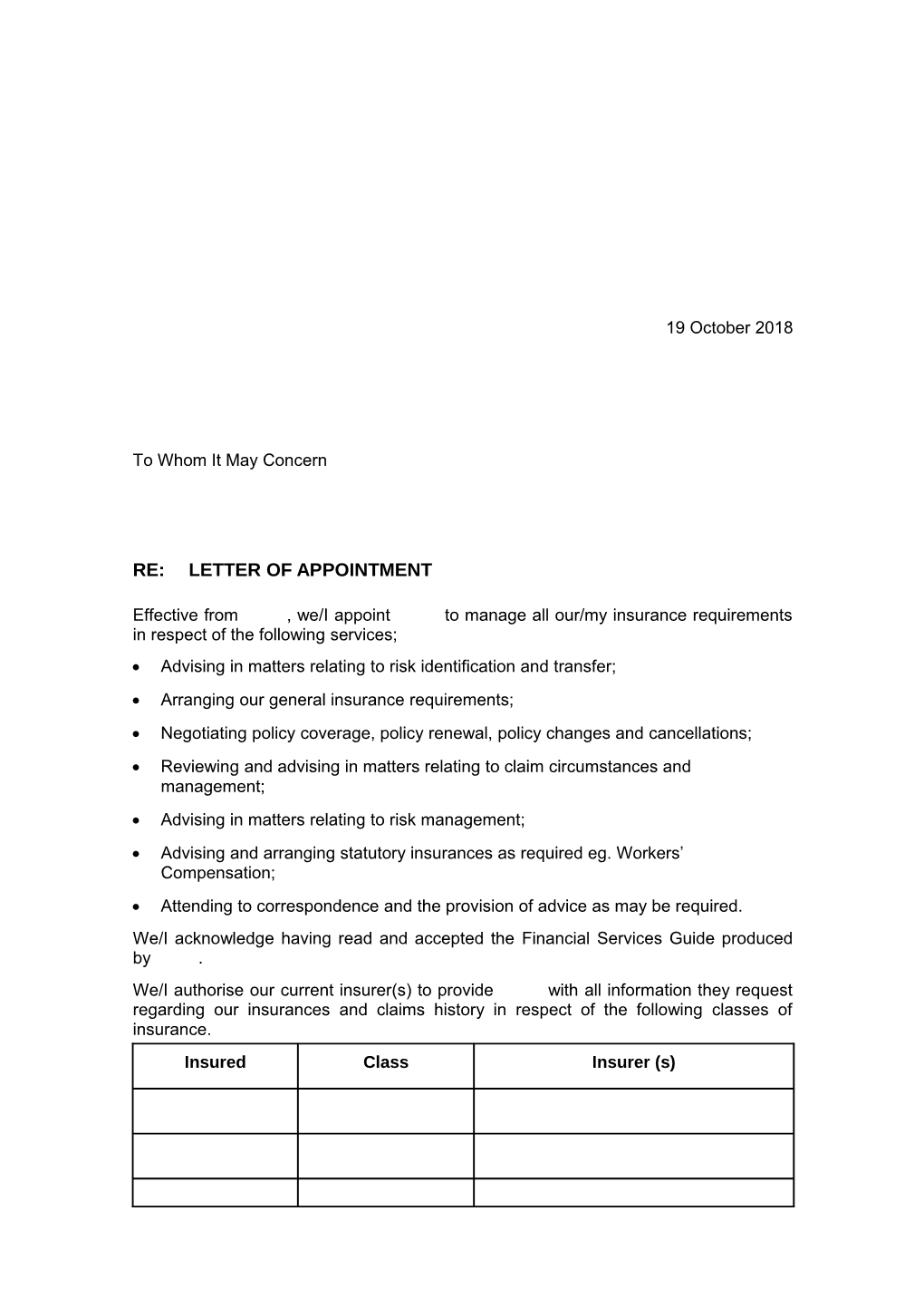 Broking Letter of Appointment