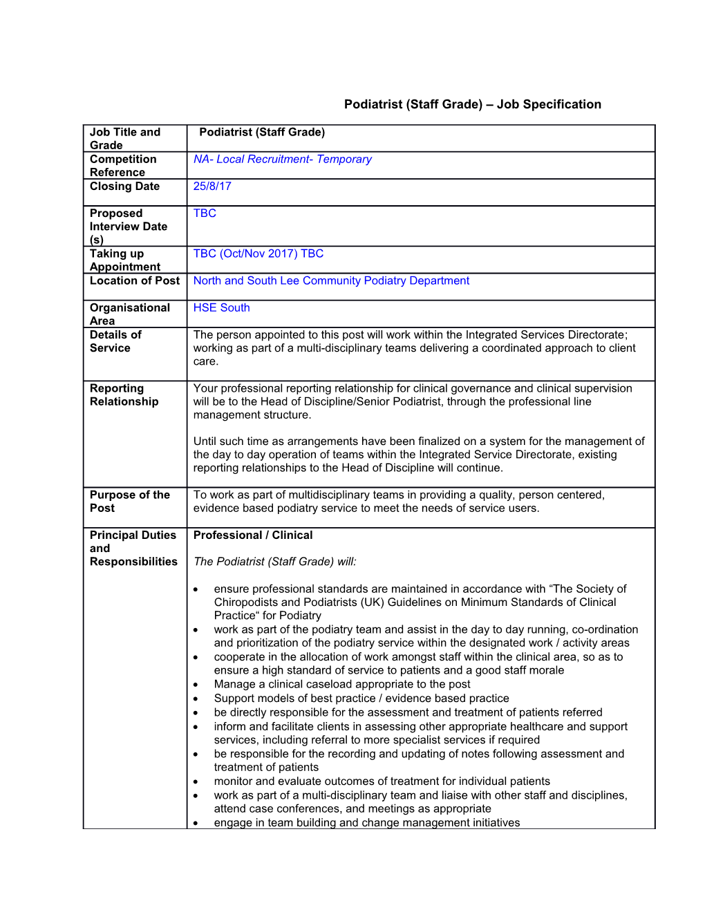 Podiatrist (Staff Grade) Job Specification