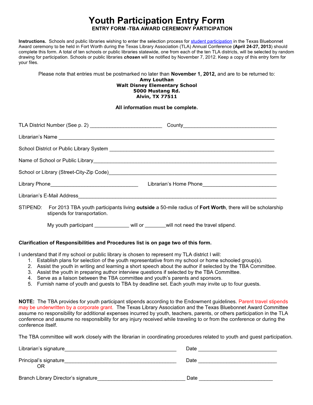 Student Participation Entry Form