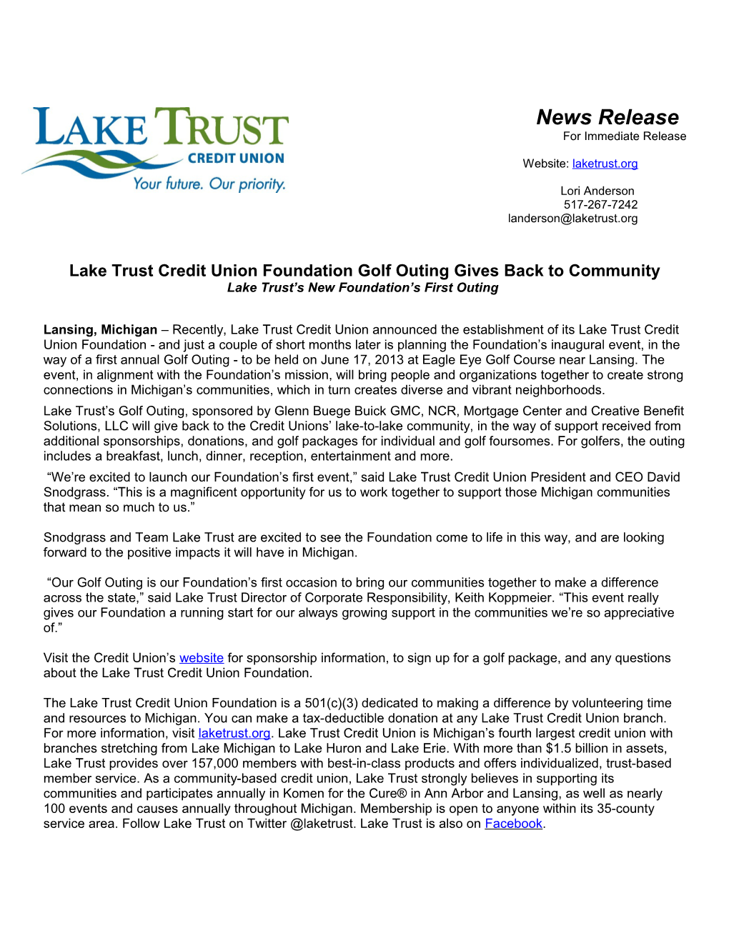 Lake Trust Credit Union Foundation Golf Outing Gives Back to Community