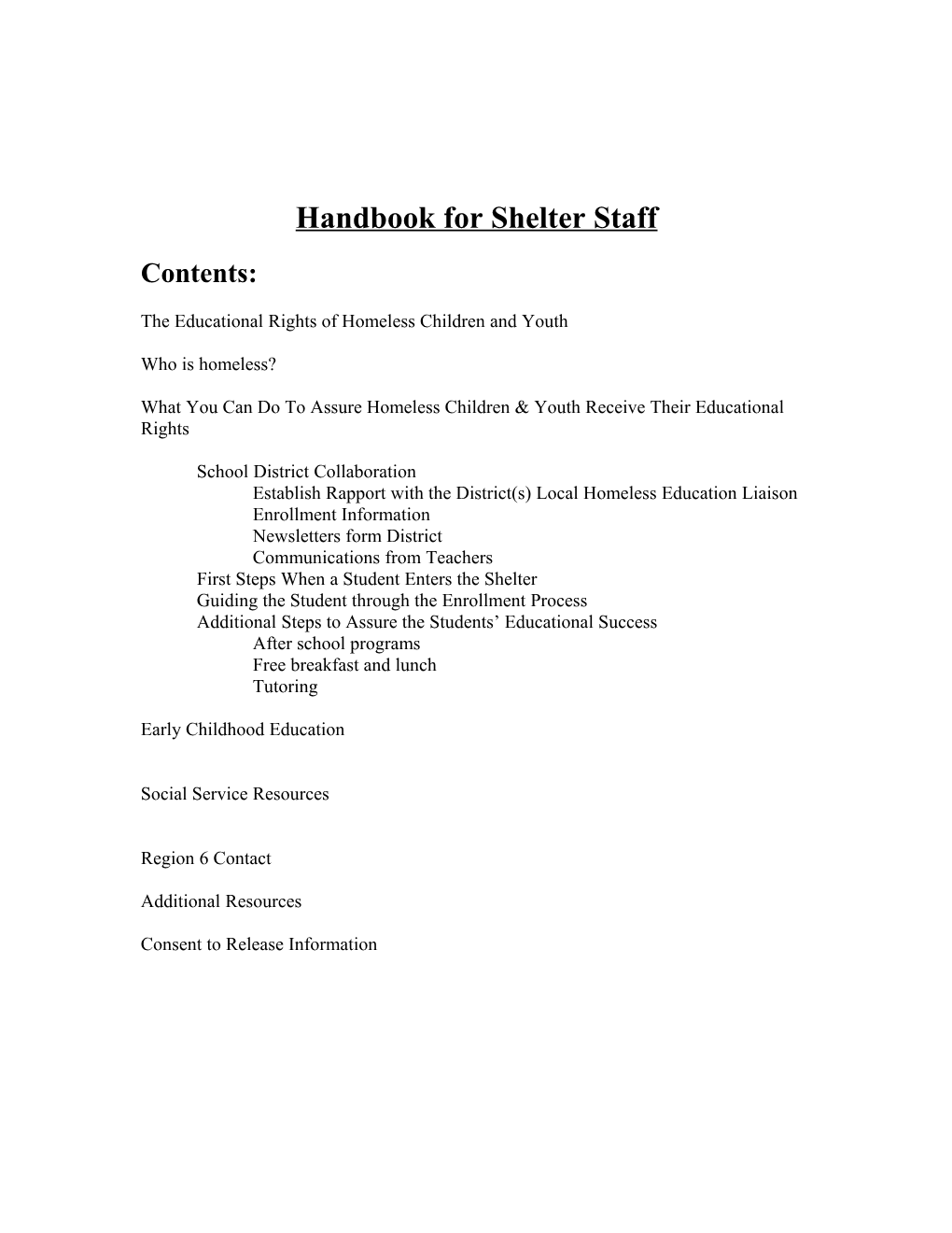 Handbook for Shelter Staff
