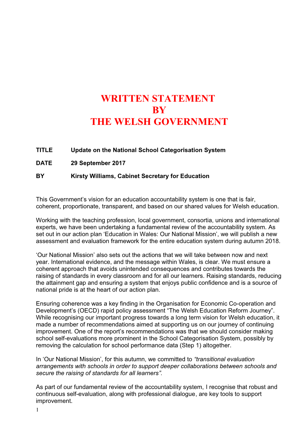 Update on the National School Categorisation System