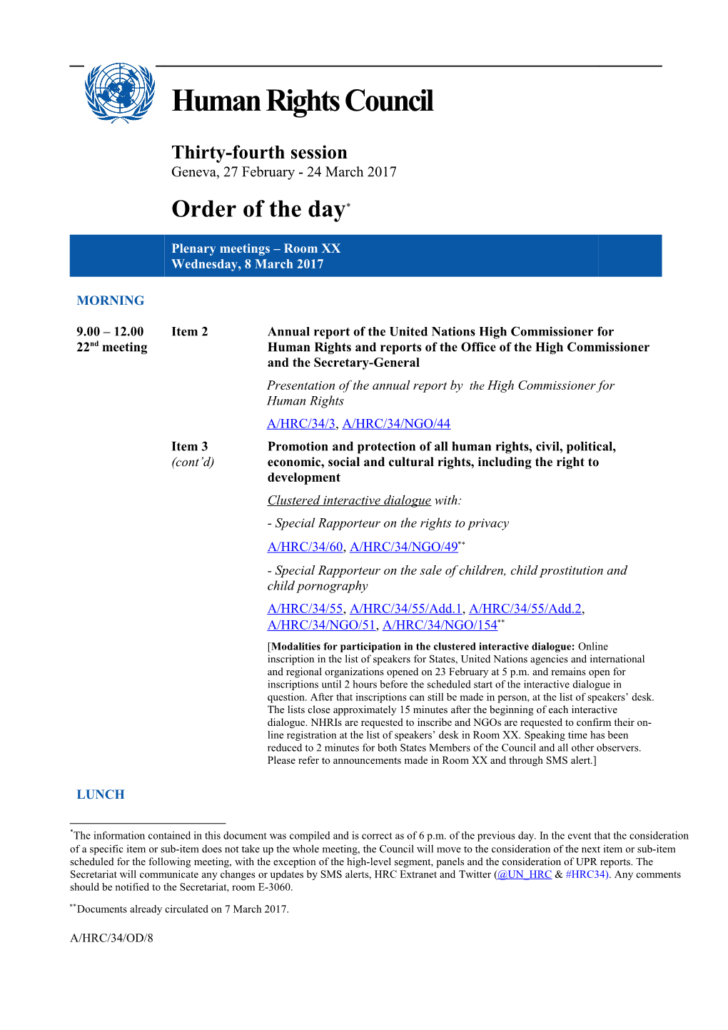Order of the Day, Wednesday 8 March 2017
