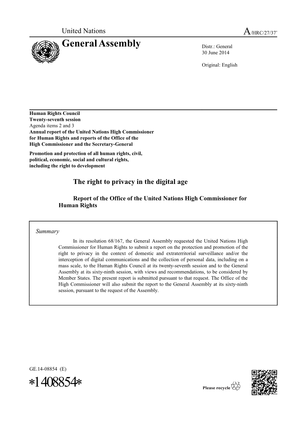 The Right to Privacy in the Digital Age - Report of the Office of the High Commissioner