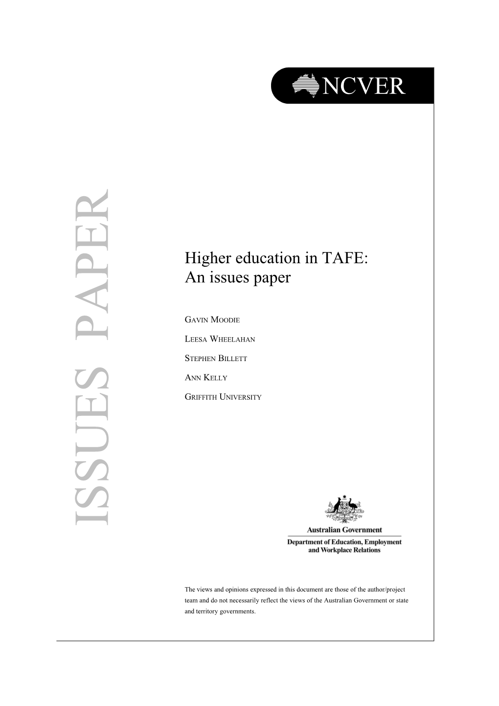 Higher Education in TAFE: an Issues Paper