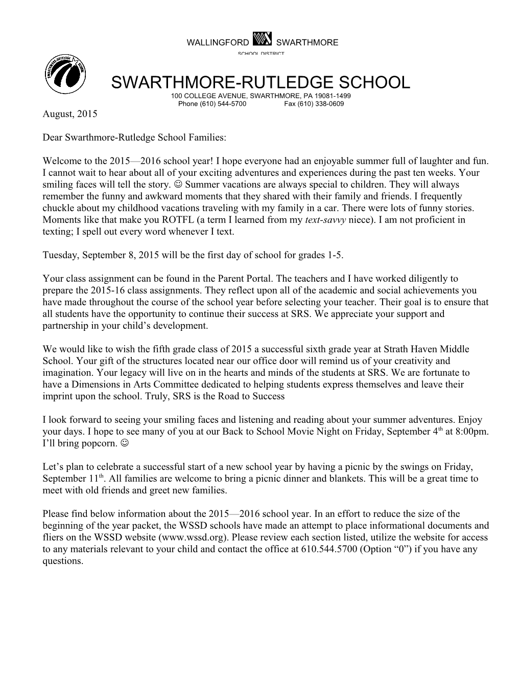 Dear Swarthmore-Rutledge School Families