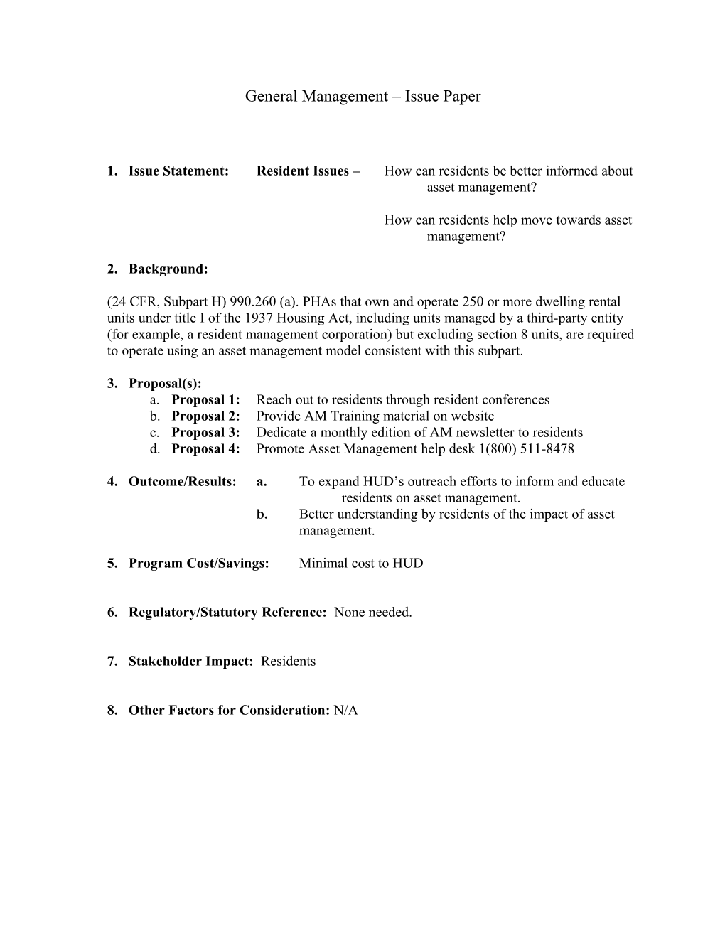 General Management Issue Paper