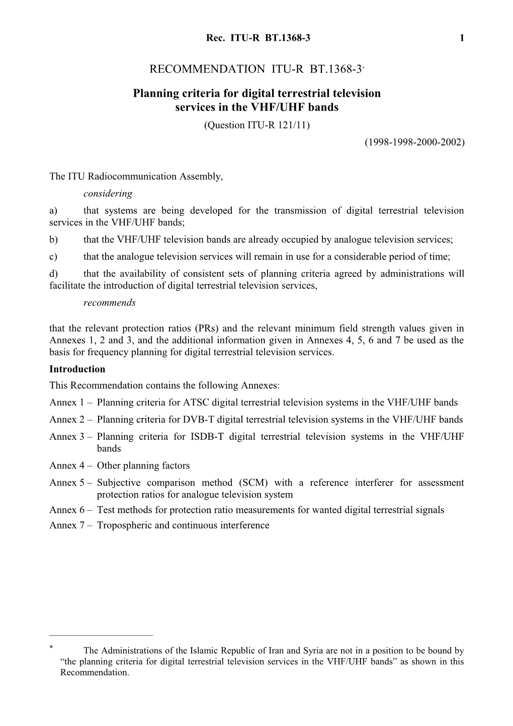 RECOMMENDATION ITU-R BT.1368-3 - Planning Criteria for Digital Terrestrial Television Services