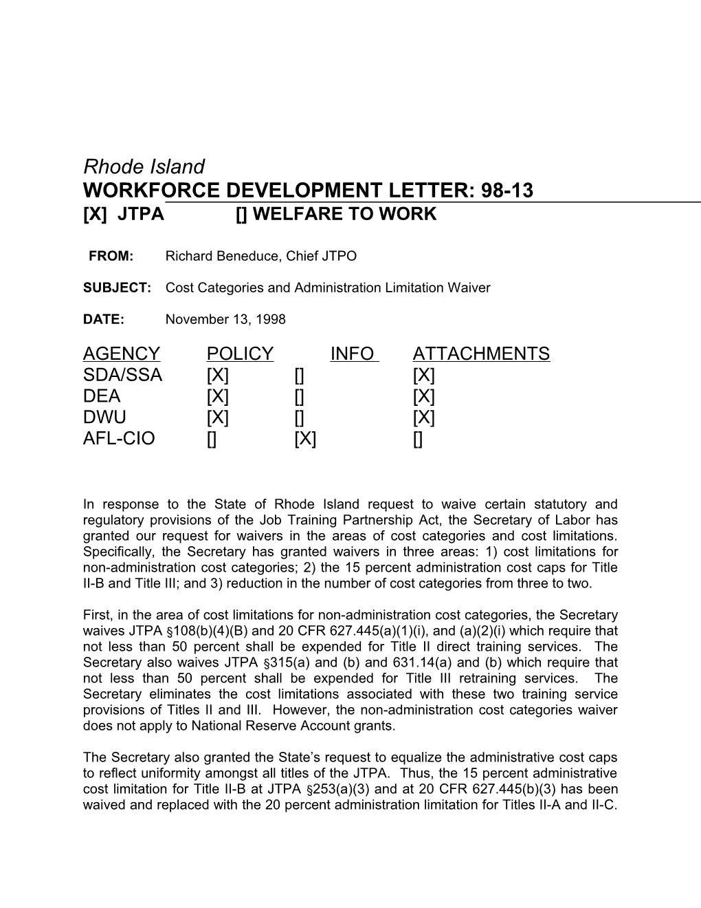 Workforce Development Letter: 98-13