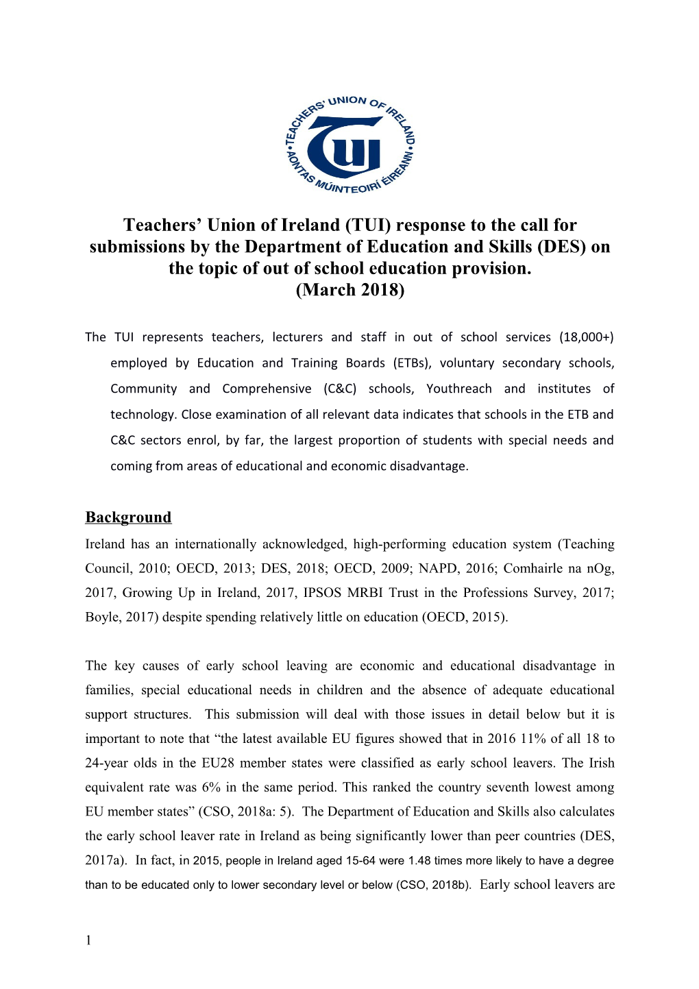 Teachers Union of Ireland (TUI) Response to the Call for Submissions by the Department