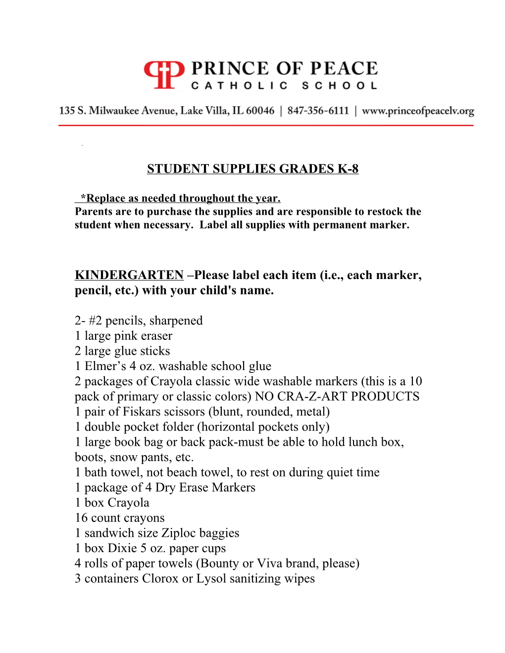 Student Supplies Grades K-8