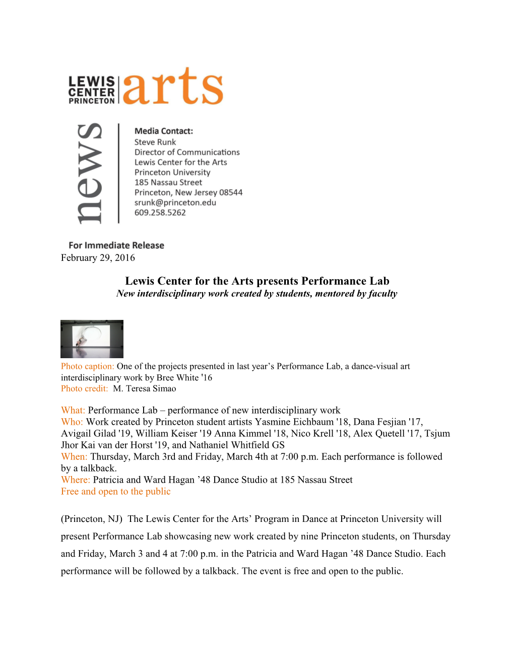 Lewis Center for the Arts Presents Performance Lab