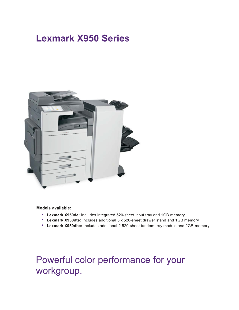 Lexmark X950de: Includes Integrated 520-Sheet Input Tray and 1Gbmemory